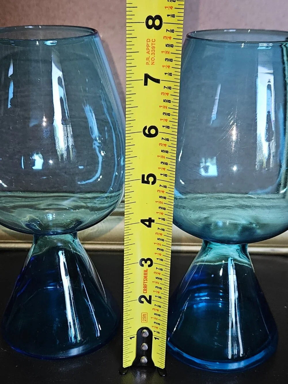 2 Vintage Mid-Century Modern Empoli art Glass Goblets or Vases Turquoise Blue